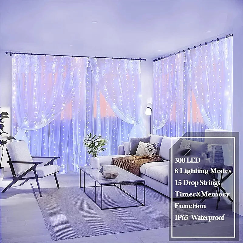 3M LED Curtain String Lights Fairy Decoration USB Holiday Garland Lamp 8 Mode